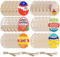 Set of wooden Easter decorations with colorful designs and tassels.