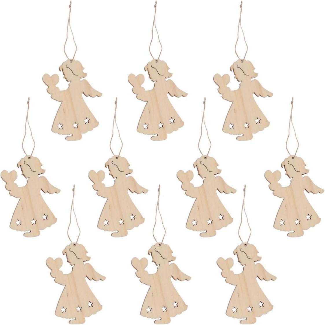 wooden angel heart Christmas ornaments set of 10