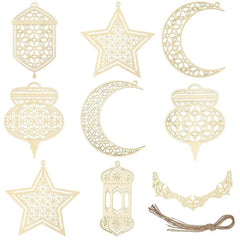 Set of gold decorative items including stars, moons, and lanterns on a white background