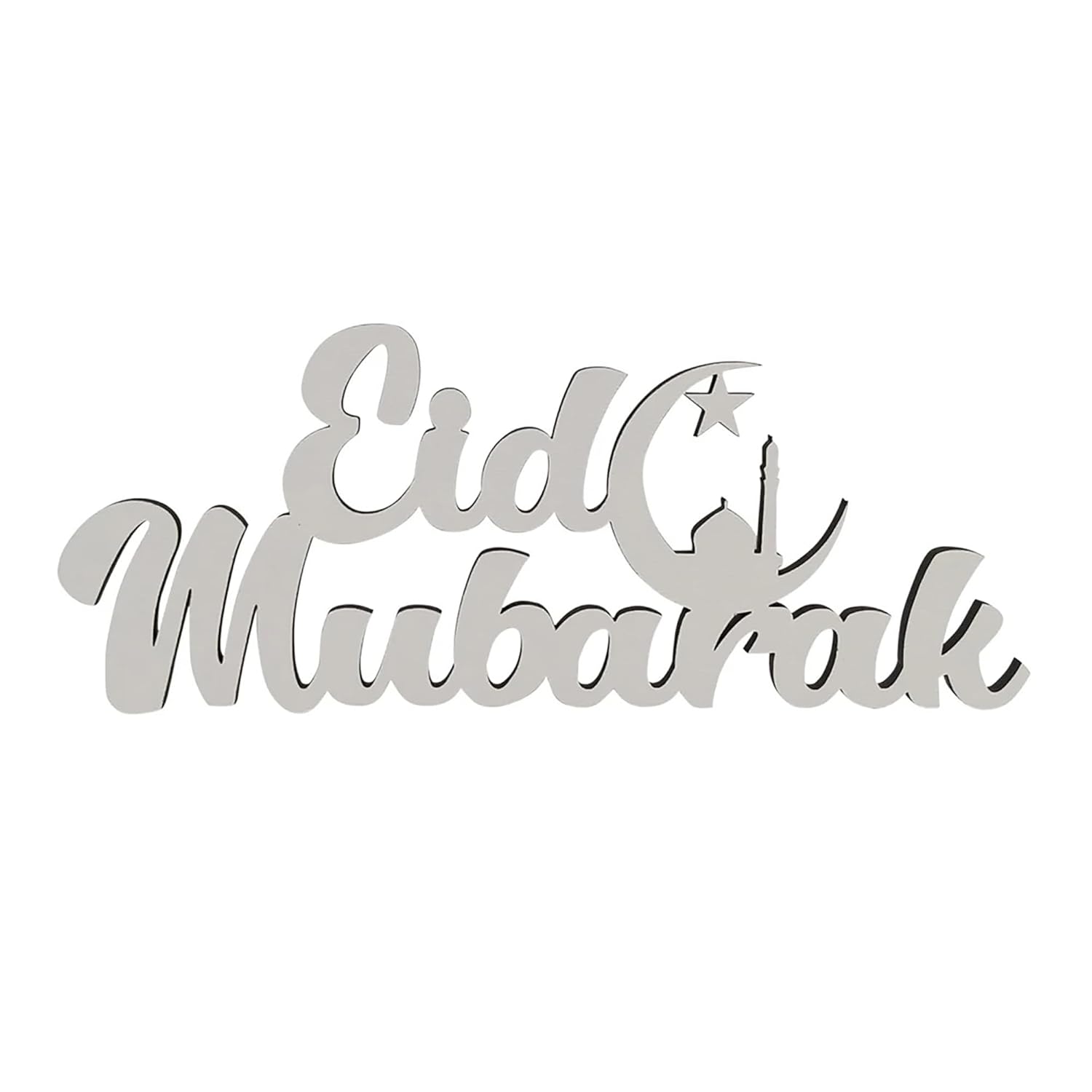 Metallic 'Eid Mubarak' sign with star and crescent on a white background