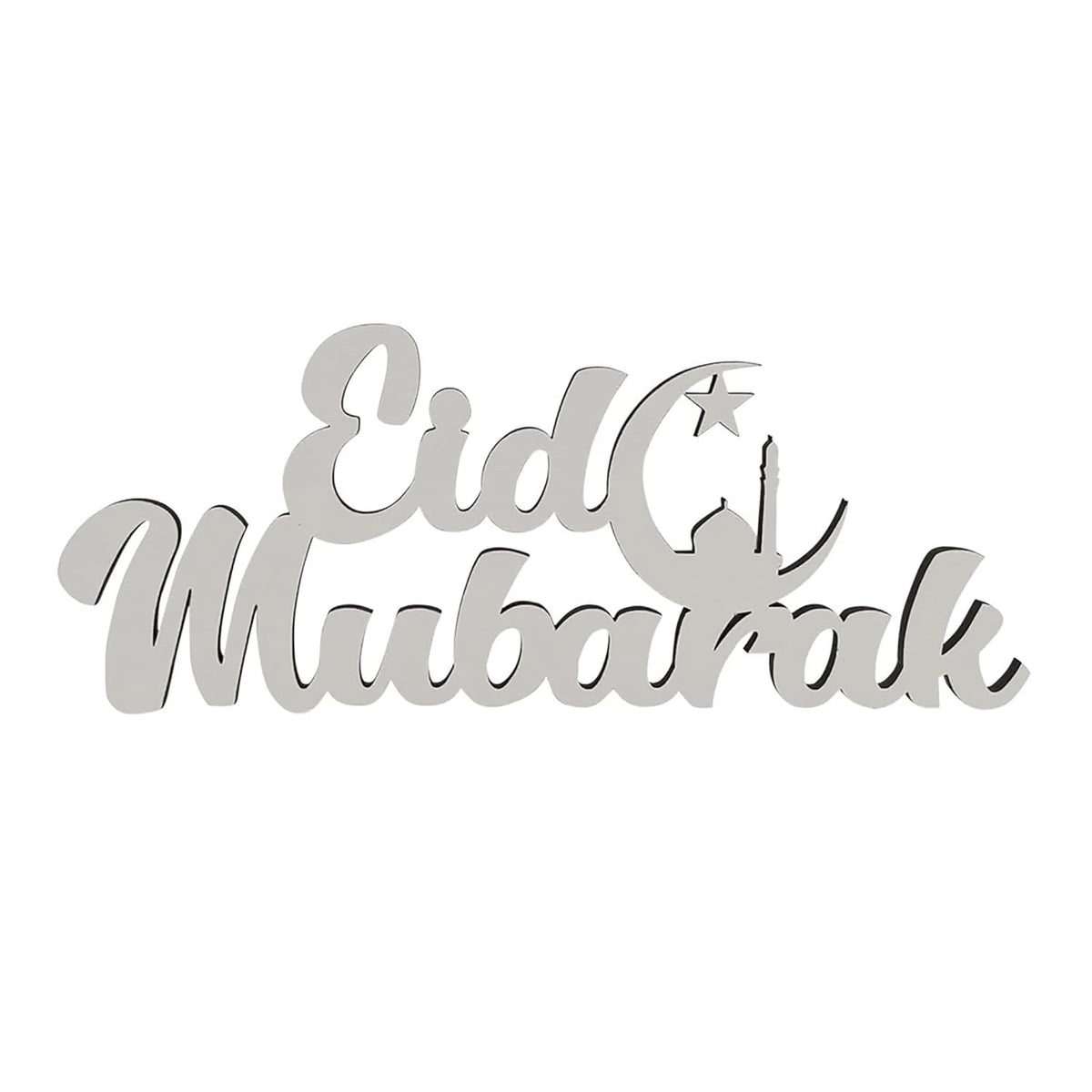 Metallic 'Eid Mubarak' sign with star and crescent on a white background