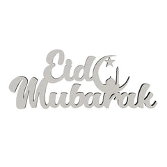 Metallic 'Eid Mubarak' sign with star and crescent on a white background