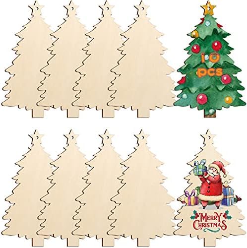 Set of wooden Christmas trees with a decorated tree and Santa Claus figure on a white background.