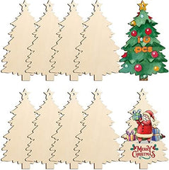 Set of wooden Christmas trees with a decorated tree and Santa Claus figure on a white background.