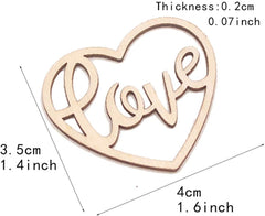 Heart-shaped wooden cutout with 'love' text, showing measurements on a white background.