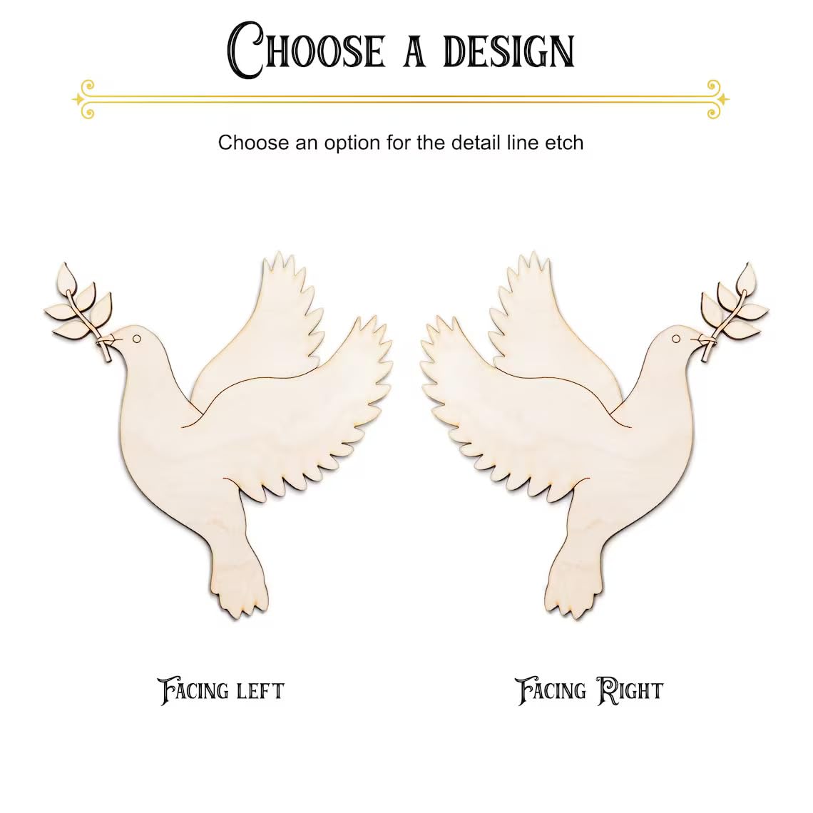 Two designs of a dove with an olive branch, one facing left and one facing right, on a white background.