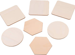 Set of various wooden coasters with different shapes on a white background