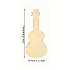 Unfinished wooden guitar-shaped object with measurements on a white background