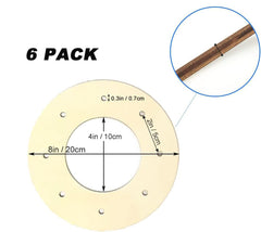 Circular wooden tool with measurements and '6 Pack' text on a white background