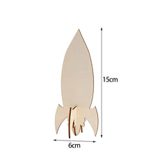 Wooden rocket-shaped object with measurements on a white background