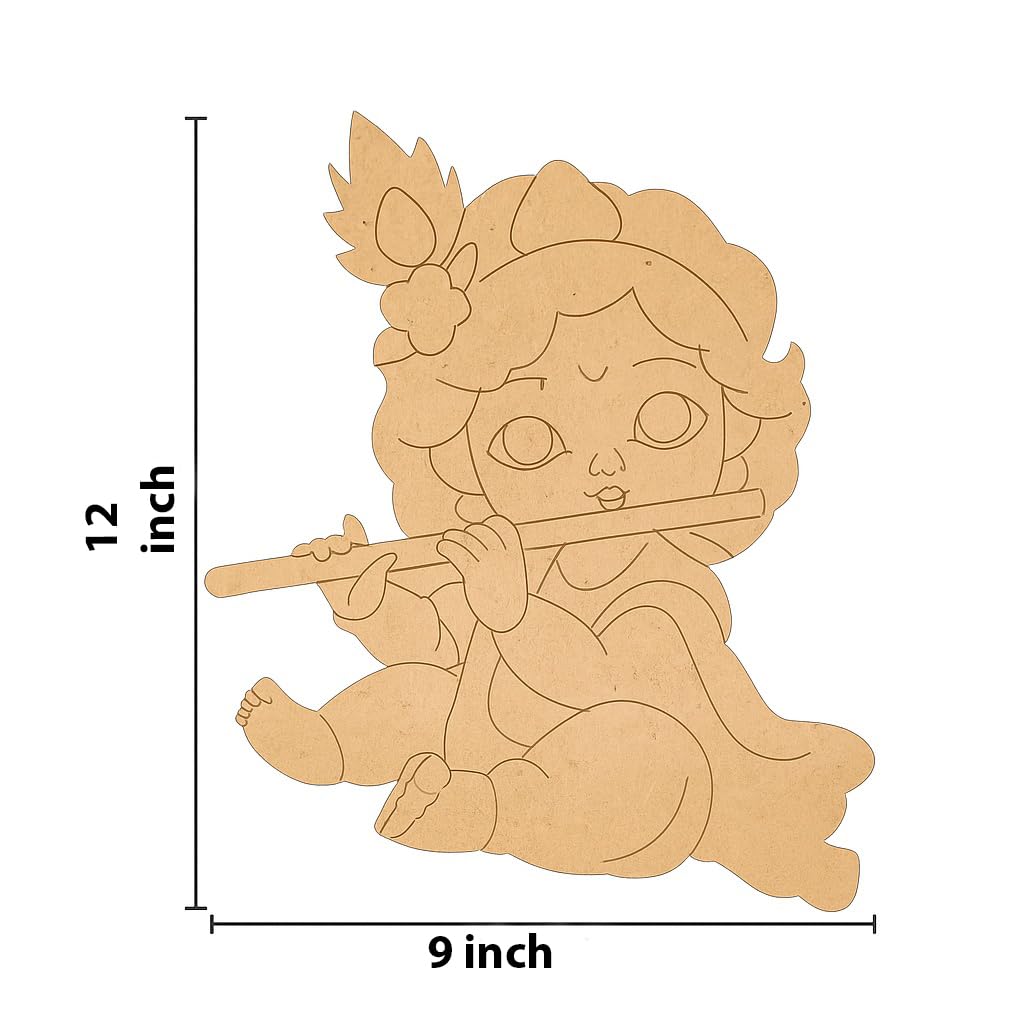 Wooden cutout of a baby angel playing a flute with dimensions indicated.