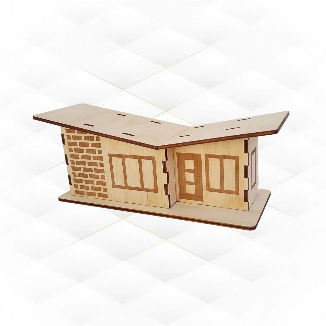 Wooden model of a building with architectural details on a white background