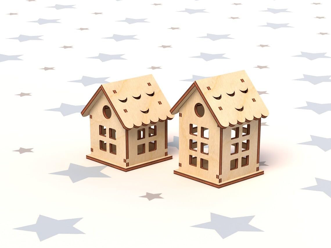 Two wooden house-shaped objects on a white background with star patterns