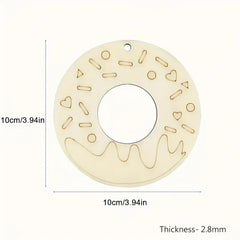 Round wooden cutout with decorative patterns and measurements on a white background