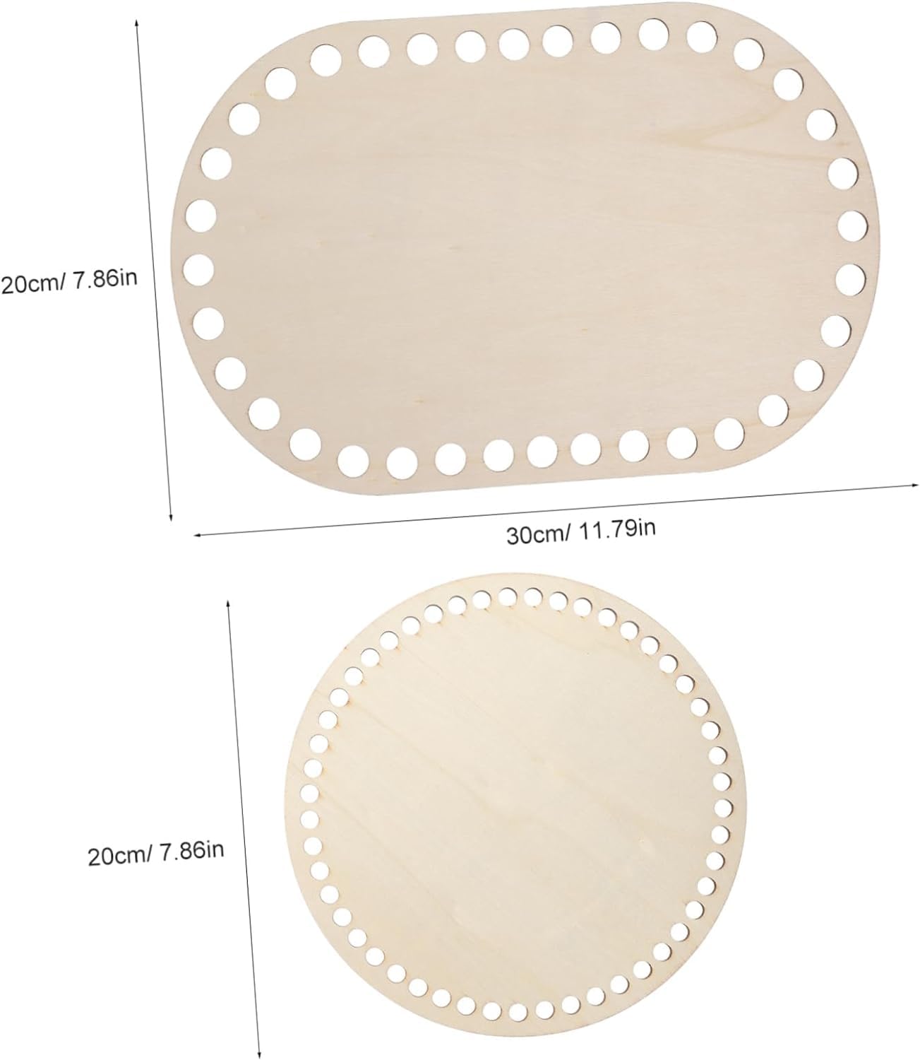 Two round beige coasters with cut-out patterns and measurements on a white background