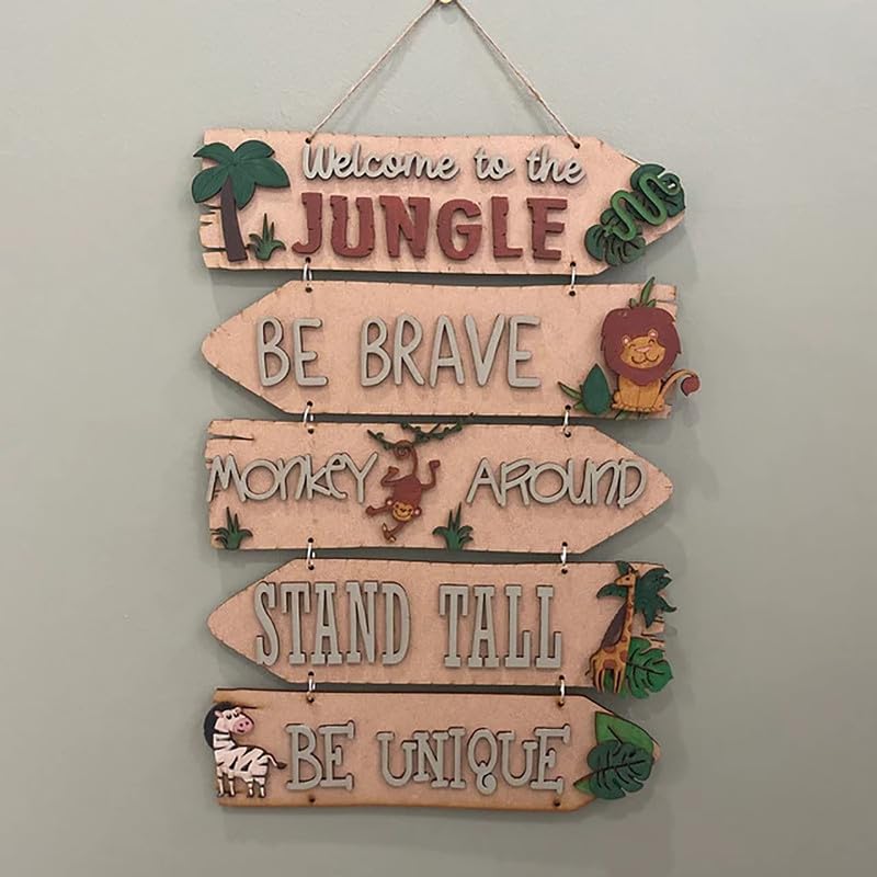 Decorative sign with motivational phrases and animal illustrations on a plain background