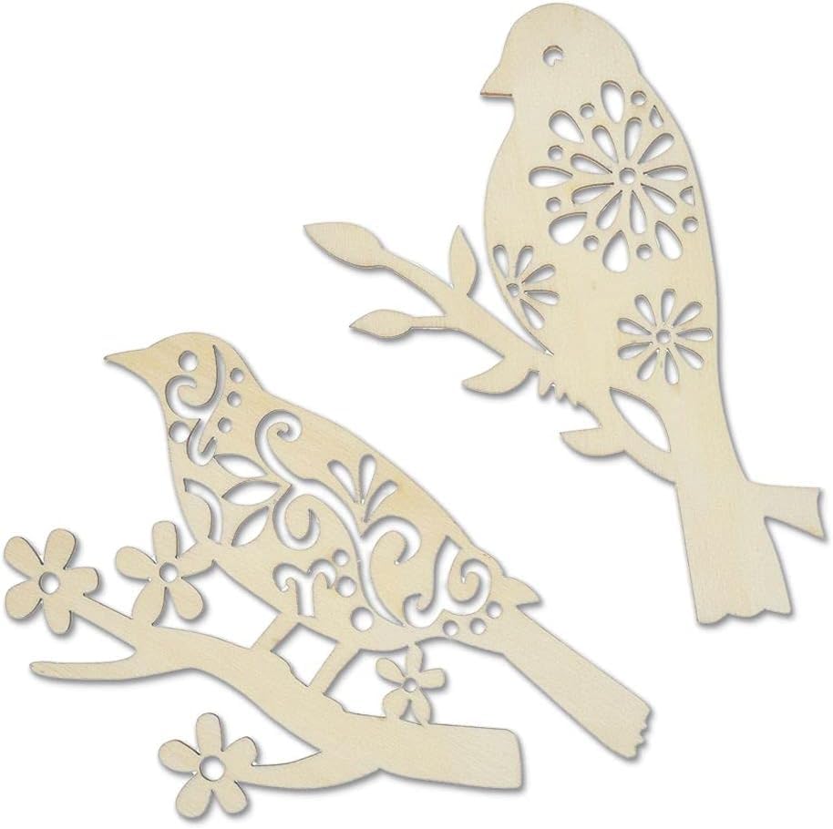 Two wooden bird and branch cutouts with floral patterns on a white background