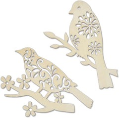 Two wooden bird and branch cutouts with floral patterns on a white background
