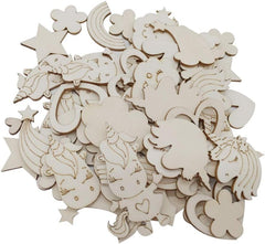 Collection of wooden cutouts with various shapes and designs on a white background