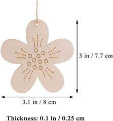Beige flower-shaped wooden ornament with measurements on a white background