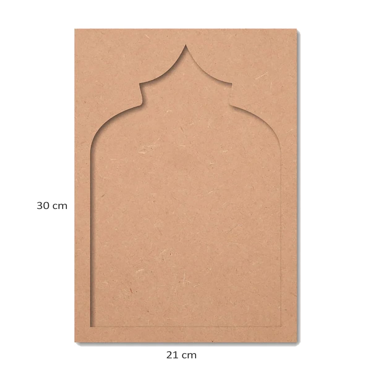 Brown cardboard with cut-out design and measurements on a white background