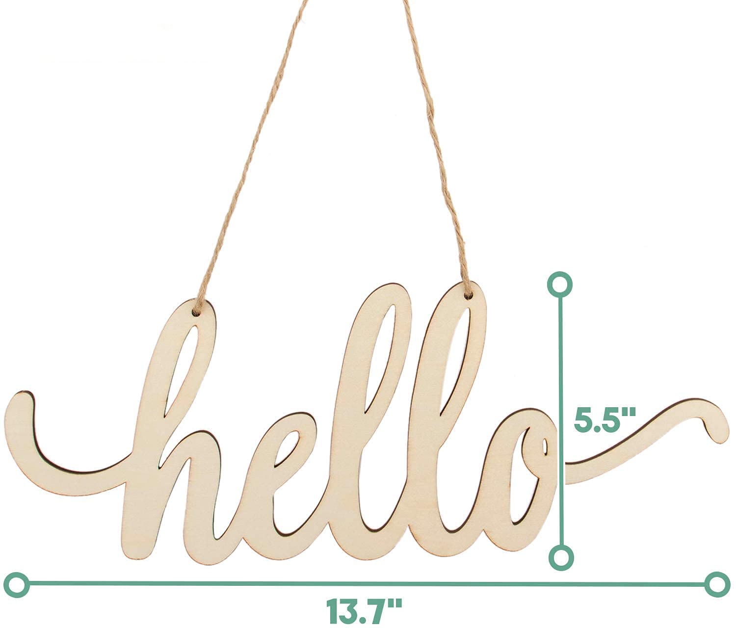 Wooden 'hello' sign with measurements on a white background