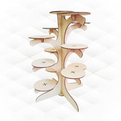 Wooden tiered display stand with circular shelves on a white background