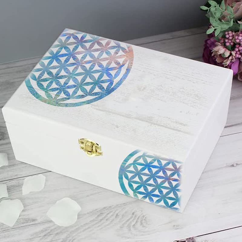 White wooden box with colorful flower-of-life design on a wooden surface.
