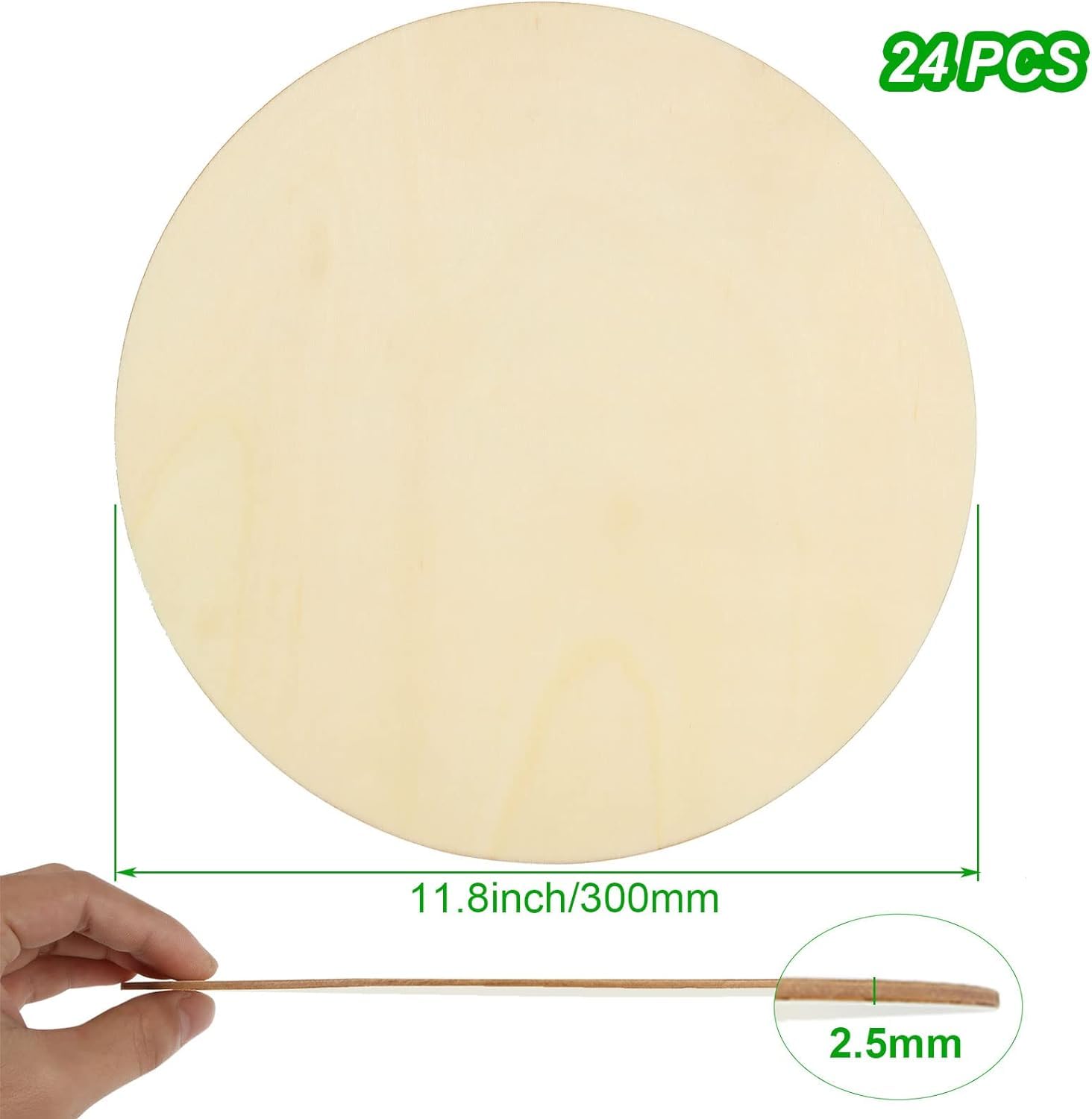 Round beige pizza dough with dimensions and a hand holding it for scale on a white background