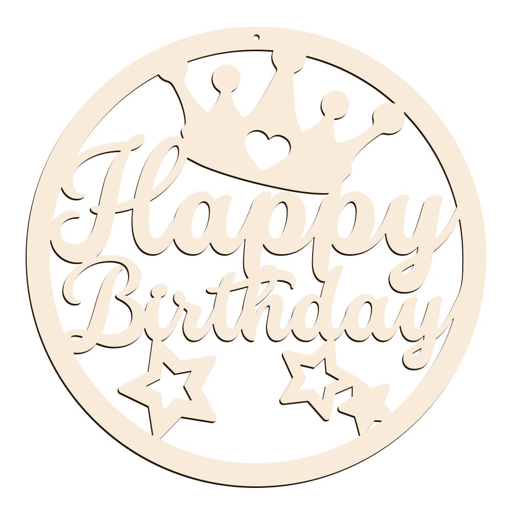 Wooden decorative cutout with 'Happy Birthday' text and stars on a white background
