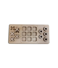 Wooden puzzle with tic-tac-toe grid and additional holes on a white background