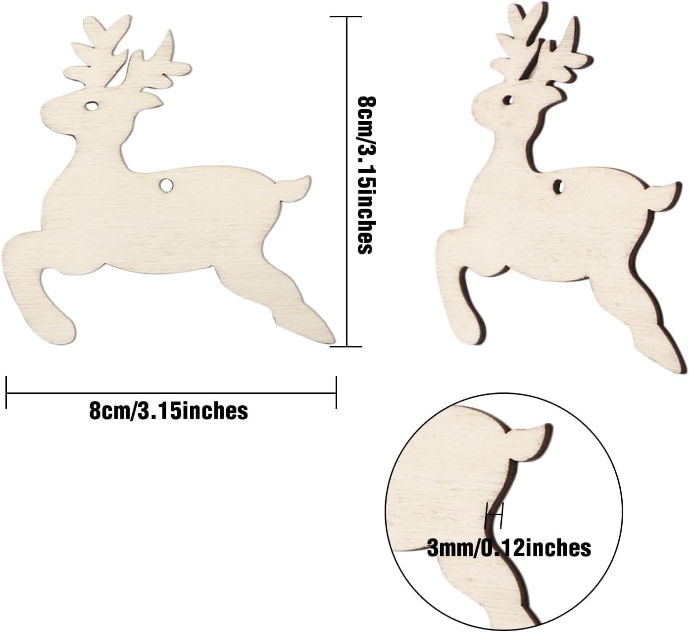 Wooden reindeer shapes with measurements on a white background