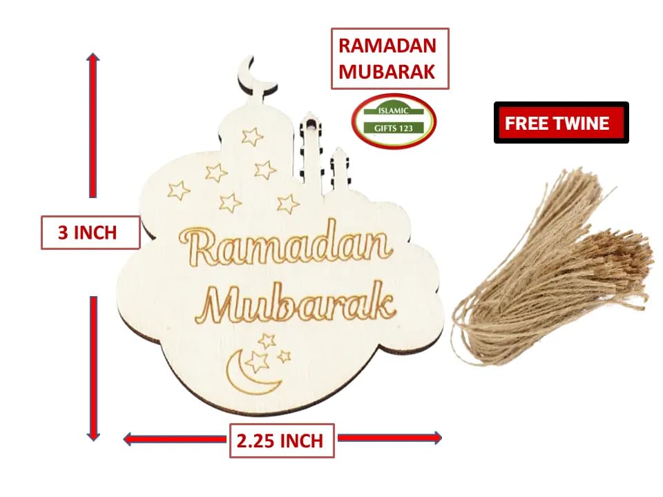 Decorative sign with 'Ramadan Mubarak' text, measurements, and free twine offer on a white background.