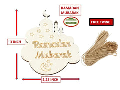 Decorative sign with 'Ramadan Mubarak' text, measurements, and free twine offer on a white background.