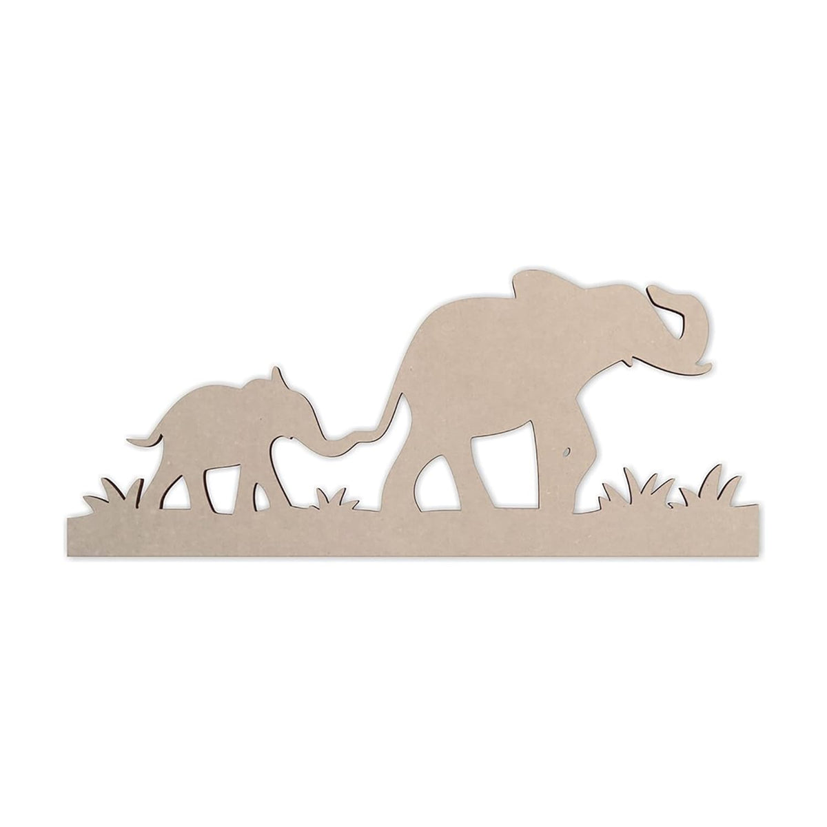 Wooden cutout of two elephants walking on a white background