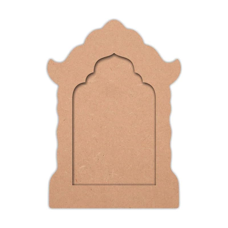 Brown cardboard cutout of a decorative arch on a white background