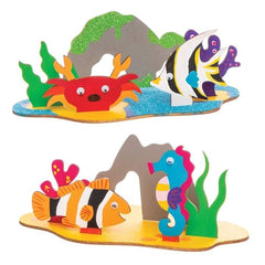Colorful sea creature toys including a crab, clownfish, and seahorse on an underwater-themed base.