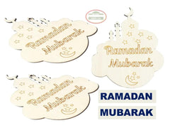 Wooden cloud-shaped decorations with 'Ramadan Mubarak' text on a white background