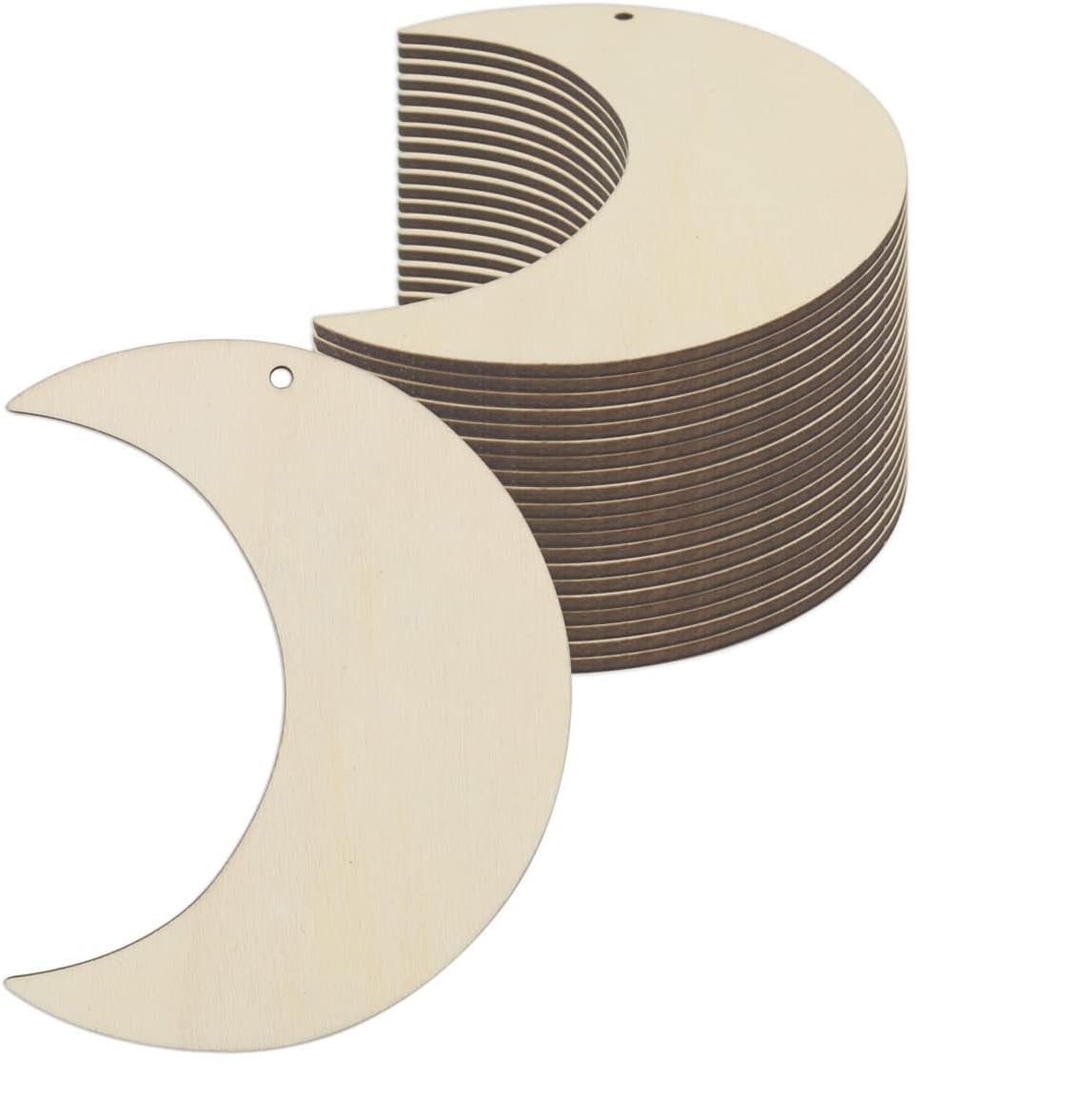 Stack of crescent-shaped wooden cutouts on a white background