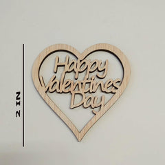 Wooden heart-shaped sign with 'Happy Valentine's Day' text and a measurement label on a light gray background