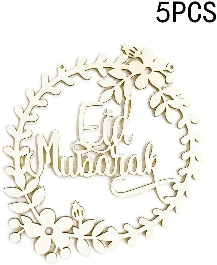 Wooden wreath with 'Eid Mubarak' text and floral design, labeled as 5 pieces.