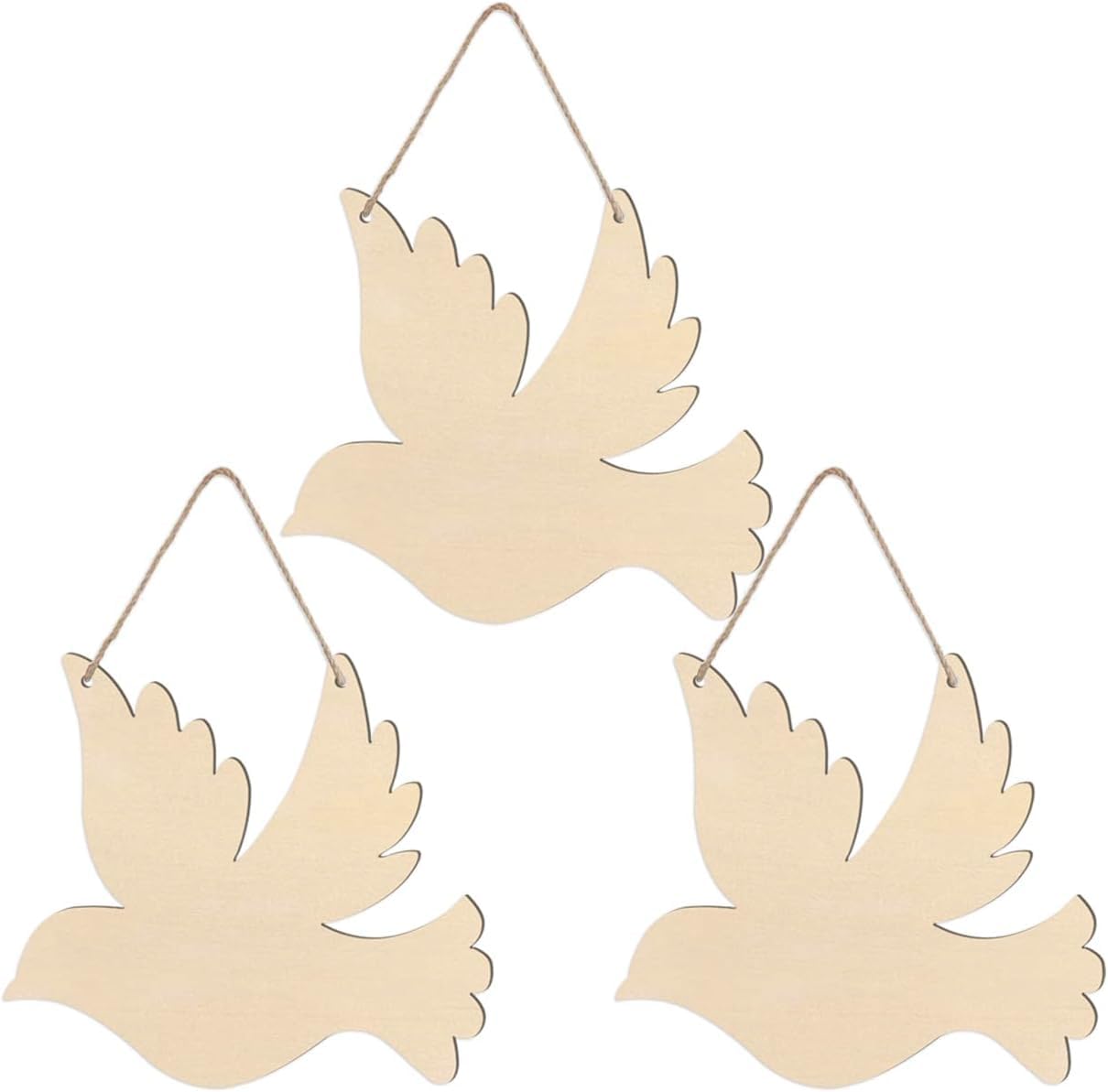 Three beige dove-shaped hanging decorations on a white background