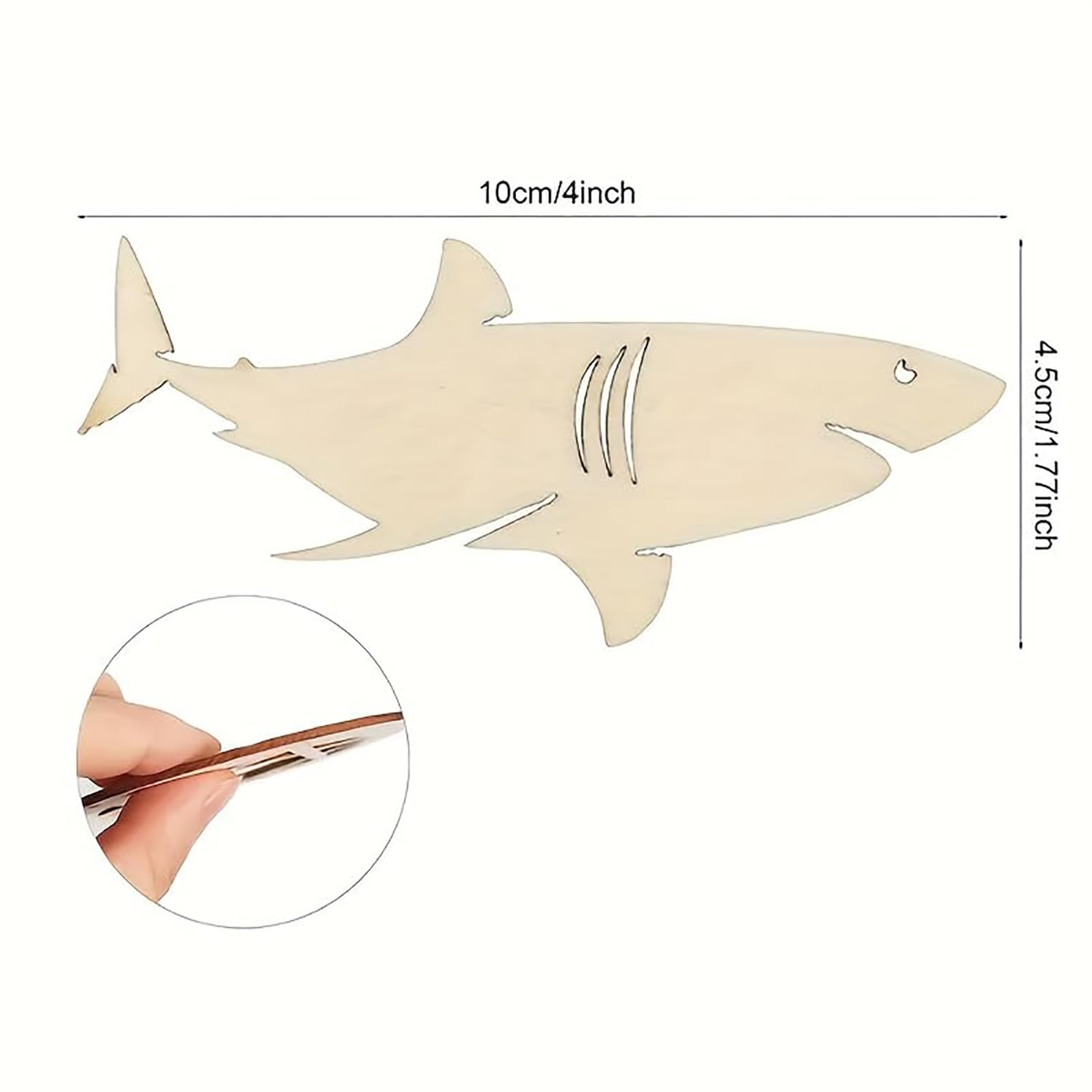 Shark-shaped tool with measurements and a close-up of its tip on a white background