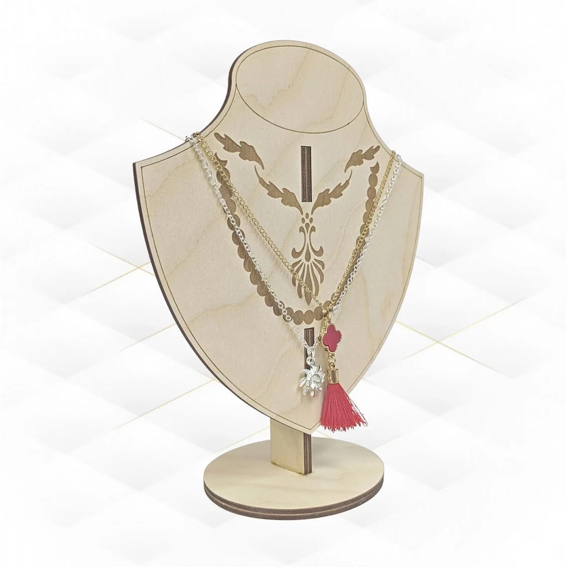 Jewelry display stand with necklaces on a white background