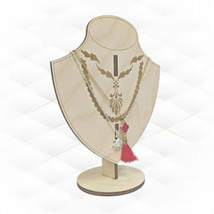 Jewelry display stand with necklaces on a white background