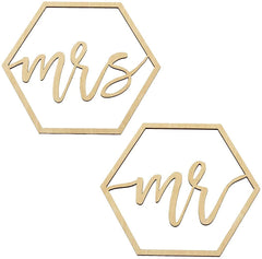 Hexagonal wooden signs with 'Mrs' and 'Mr' text on a white background