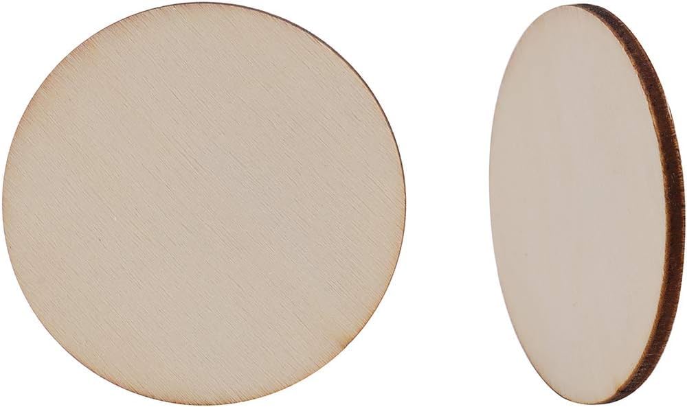 Two round wooden coasters with a natural wood finish on a white background