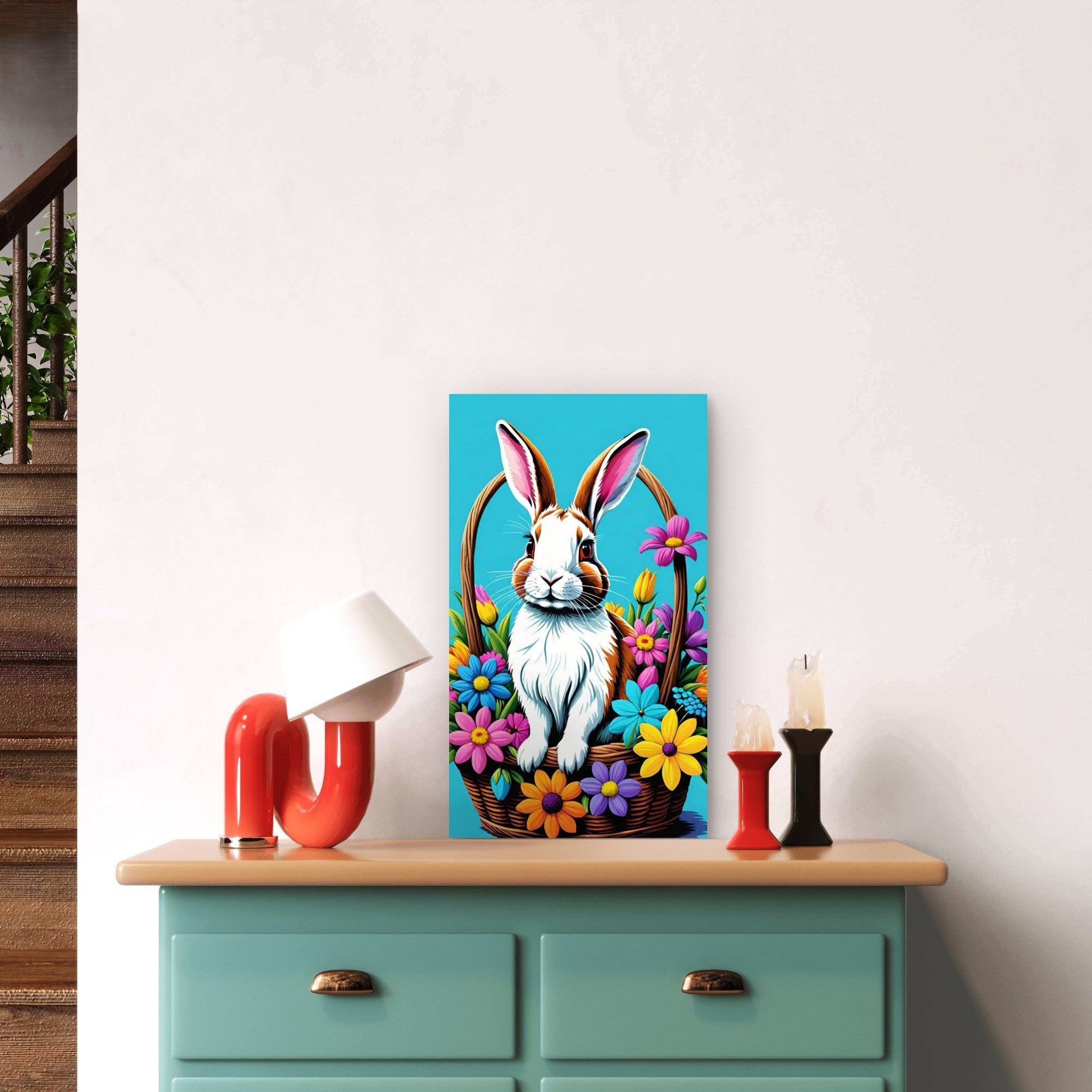 Easter themed wall art with bunny and flowers glossy finish