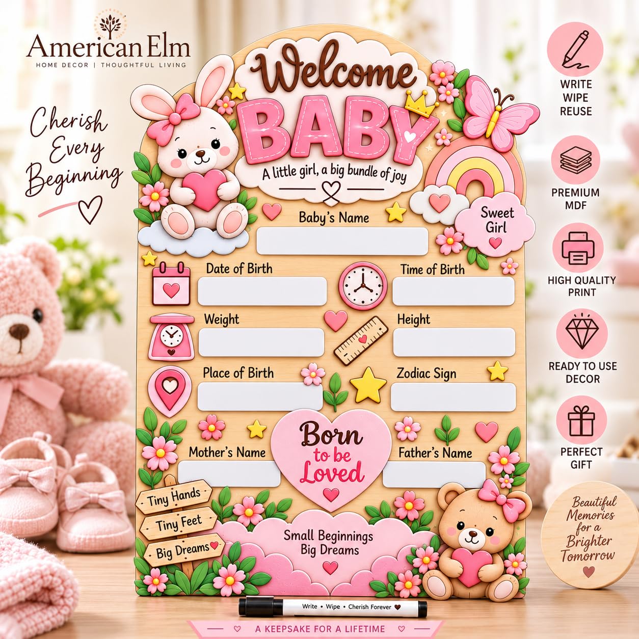 Write and wipe baby birth information plaque