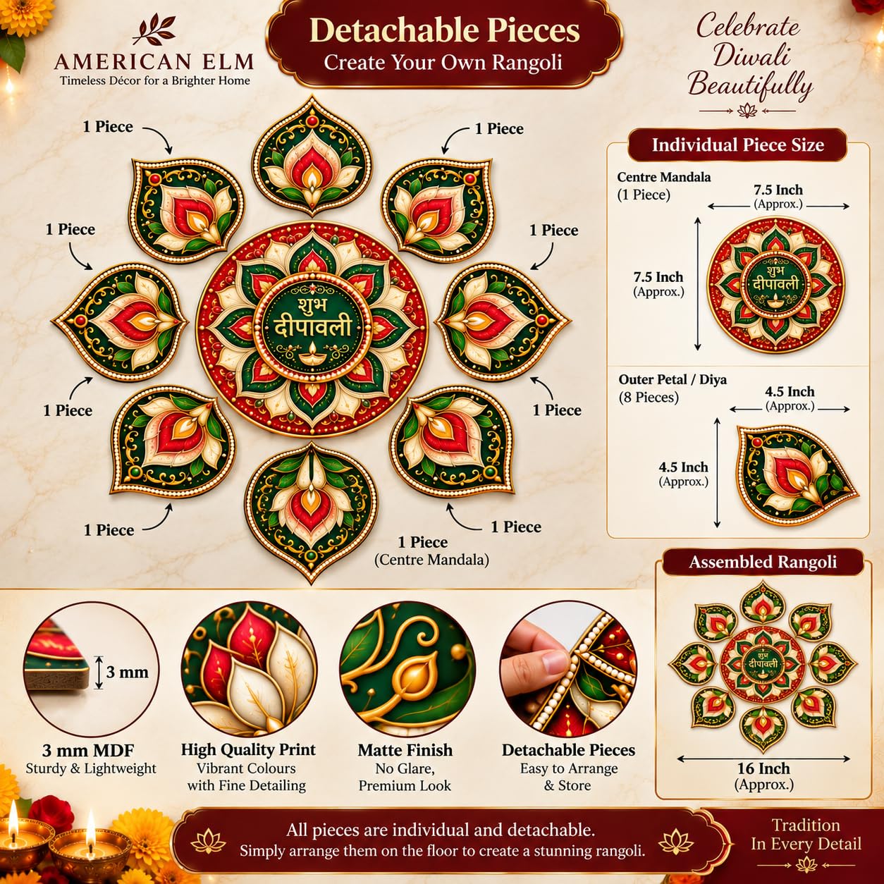 9 piece Diwali rangoli decoration set